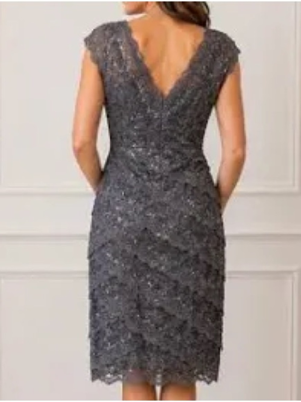 MARINA Gunmetal Gray Lace Cocktail Dress with V-Neck